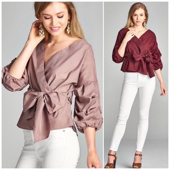 ❗️CLOSING SALE❗️ Mauve V Neck Waist Tie Top - Picture 3 of 3